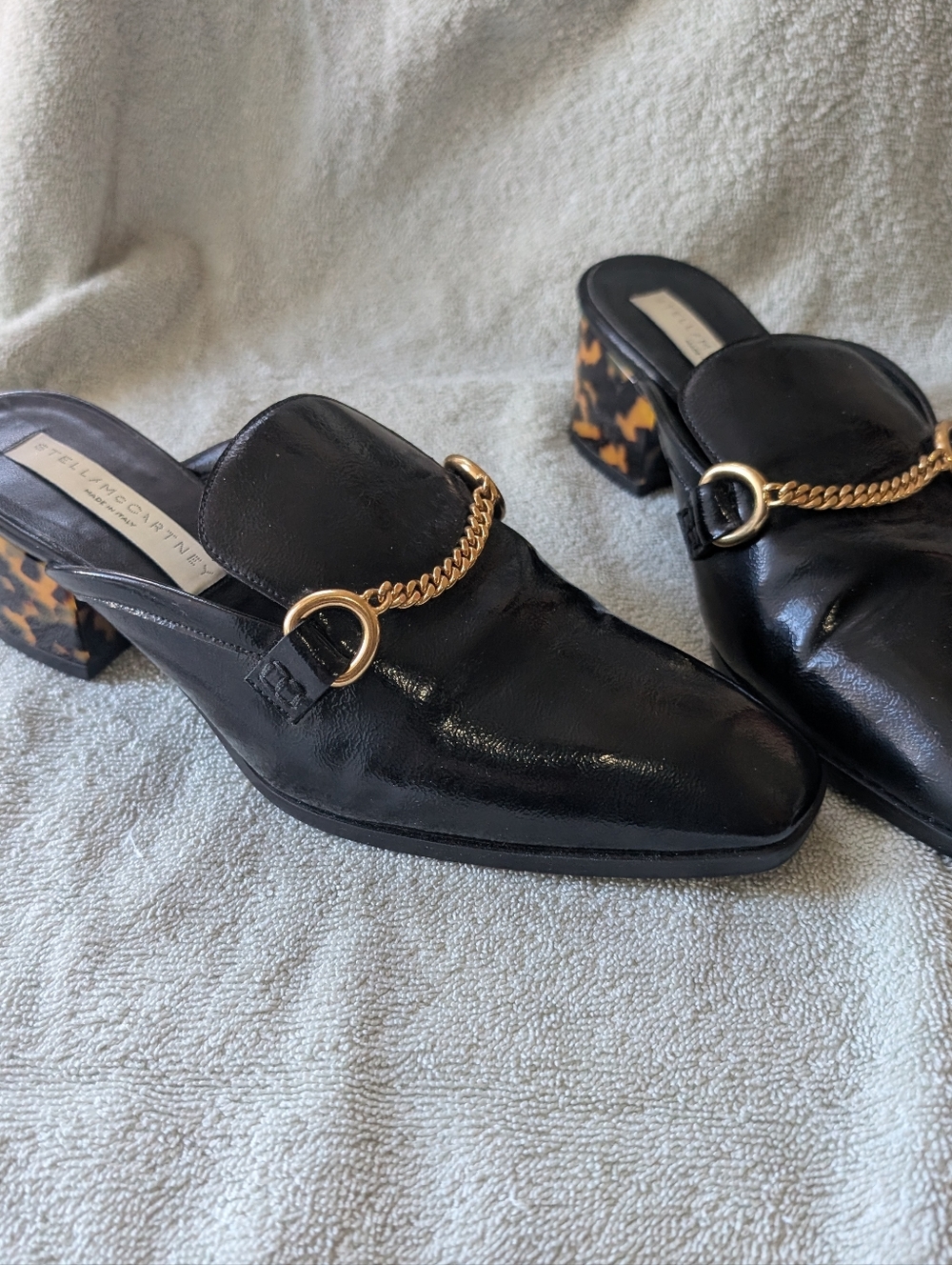 Stella McCartney Black Faux Patent Leather Chain Detail Block Heel Mules Size 38